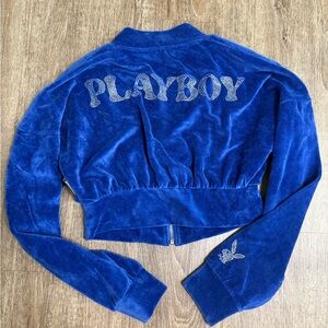 Playboy Missguided Velour Crop Jacket Blue Rhinestone Logo Y2K Zip Top US 4